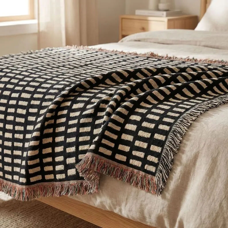 Black Cream Woven Throw Blanket, Cotton Couch Blanket, Dark Neutral Bed Throw, Minimalist Scandinavian Decor