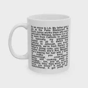 Queen of Melrose “My Father Gets a Job at the Palm Restaurant” Mug, Funny Story Paragraph Ceramic Mug, Minimal Black Text Cup, Unique Gift