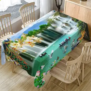 Rectangular Tablecloth with Landscape Painting, Peacock Crane Pattern, Indoor and Outdoor Use, Kitchen Decor, Wedding Party Dining