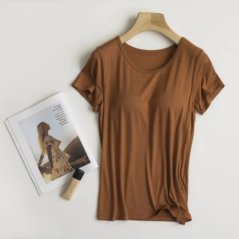 Women's Modal Short-Sleeve Crew Neck T-Shirt - Plus Size, Loose-Fit, Built-In Bra Pads, Casual Daily Basic Loungewear Top