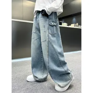 Boys' Vintage Wide-Leg Faux Denim with a Patchwork Design, Straight-Cut Pants for Older Kids, Loose And Casual Long Trousers Suitable for Everyday Wear in Spring, Summer, And Autumn