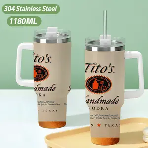 40oz large capacity car watter bottles with lid and handle, 304 stainless steel insulated tumbler with Tito's Handmade Vodka Label Graphic pattern, suitable for car, office, travel and birthday gifts