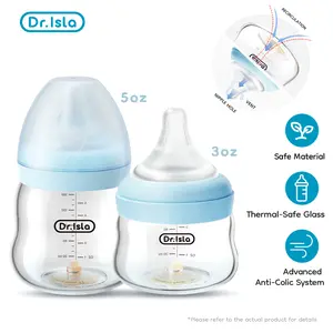 Dr.Isla Glass Anti-colic Bottle. Newborn Feeding Bottle for 0–12 Months,End gas & midnight tears! Constant Pressure prevents bloating , Mimics Mom’s love for easy latch & peaceful sleep.  600°C Glass, BPA-Free. Wide-mouth easy clean.80/160