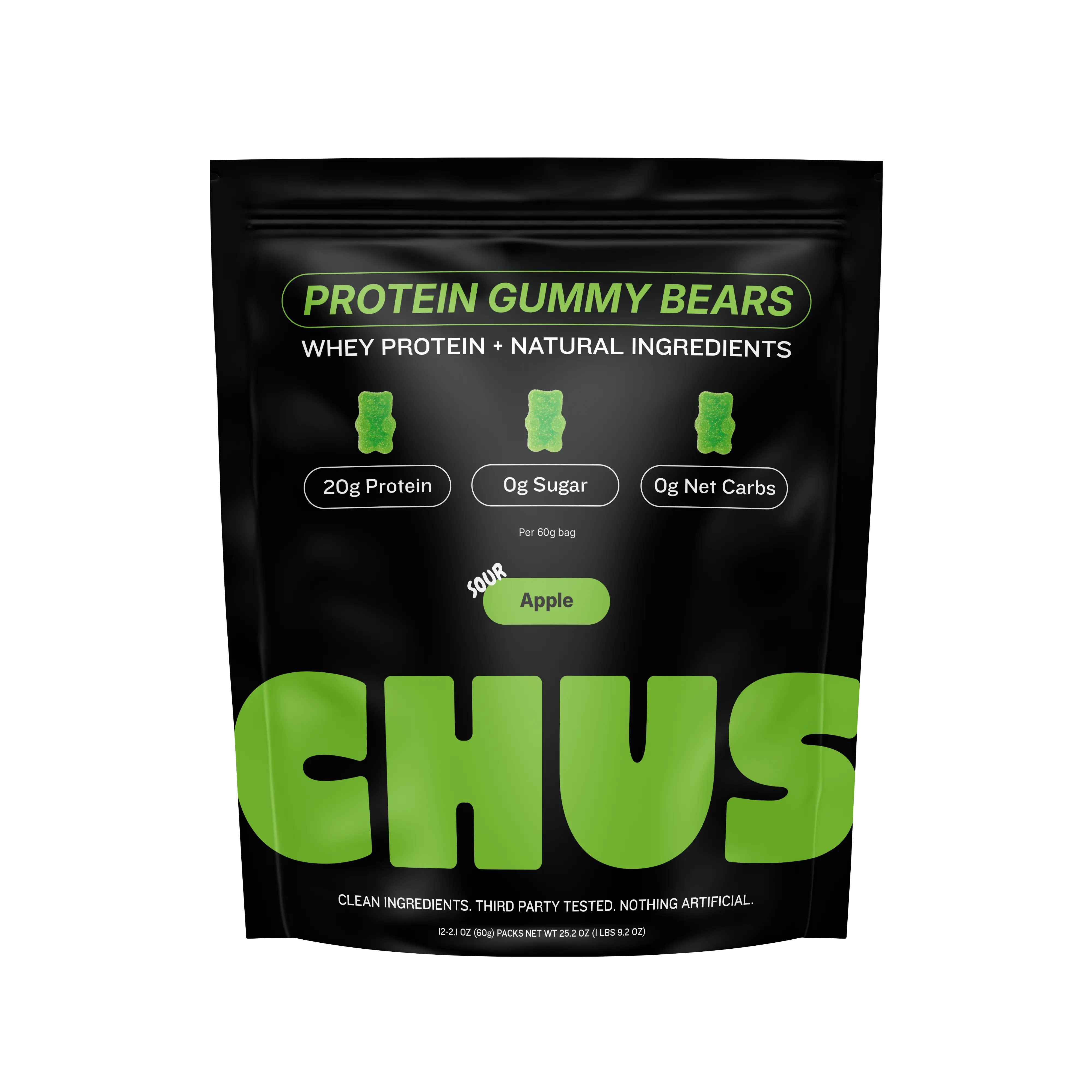 Chus Protein Gummy Bears | 20g of Whey Protein Isolate per Pack | 12-Pack Sour Apple Flavor