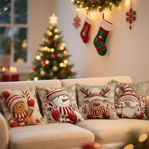 Set of 4 Holiday Christmas Pillow Covers, 18X18 Inches, Featuring Gingerbread Men, Snowmen, And Santa Claus Designs. Made of Polyester with a Zipper, Machine Washable, Perfect for Decorating Sofas And Bedrooms. Covers Only
