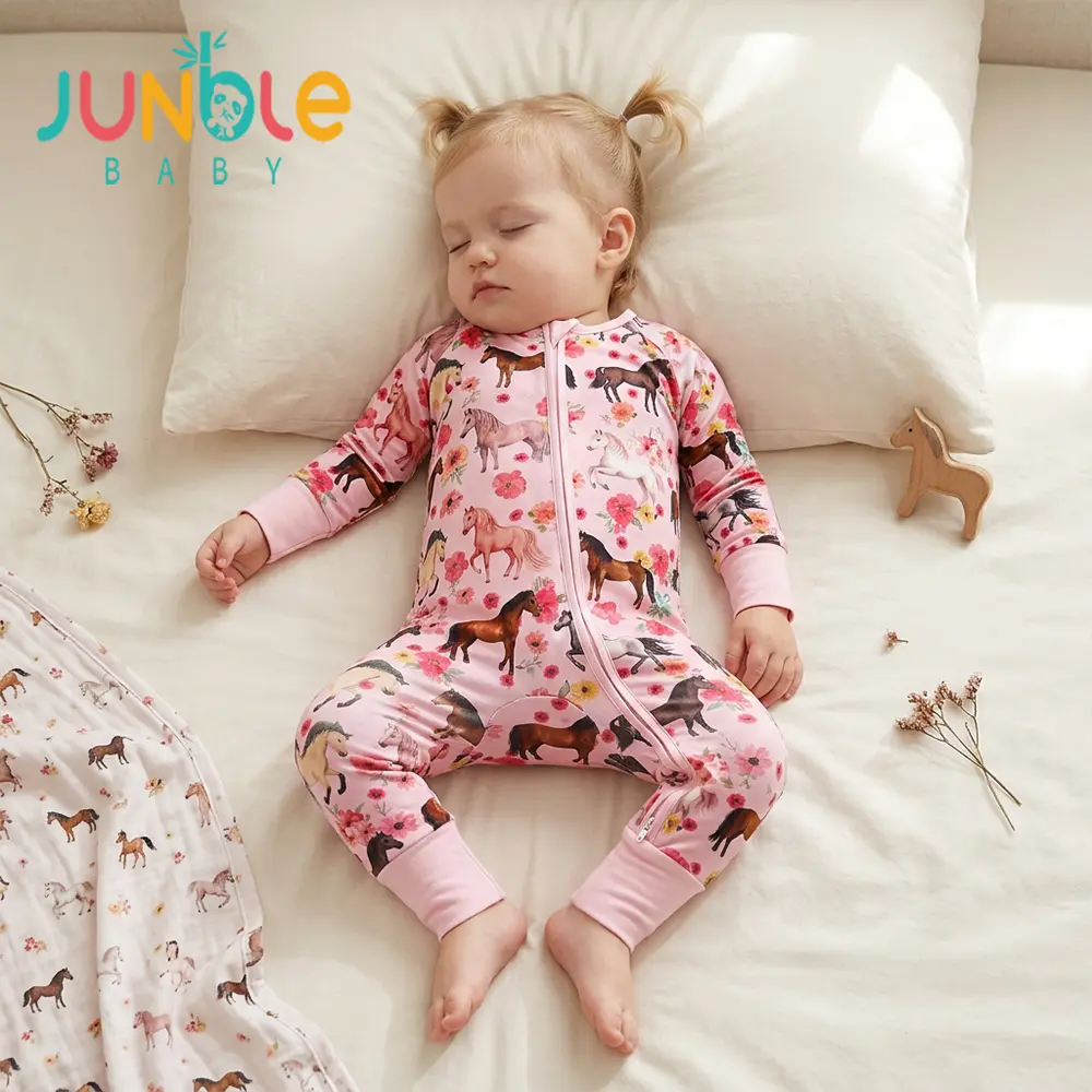 Junblebaby Horse & Floral Print Baby Zipper Romper,baby bamboo zipper romper,baby Onesie,Natural Bamboo Fiber Long Sleeve 2-Way Zipper Footed Onesie, Soft Sleep Play Pajamas for Baby Girls 0-3T US, mitten cuff foot