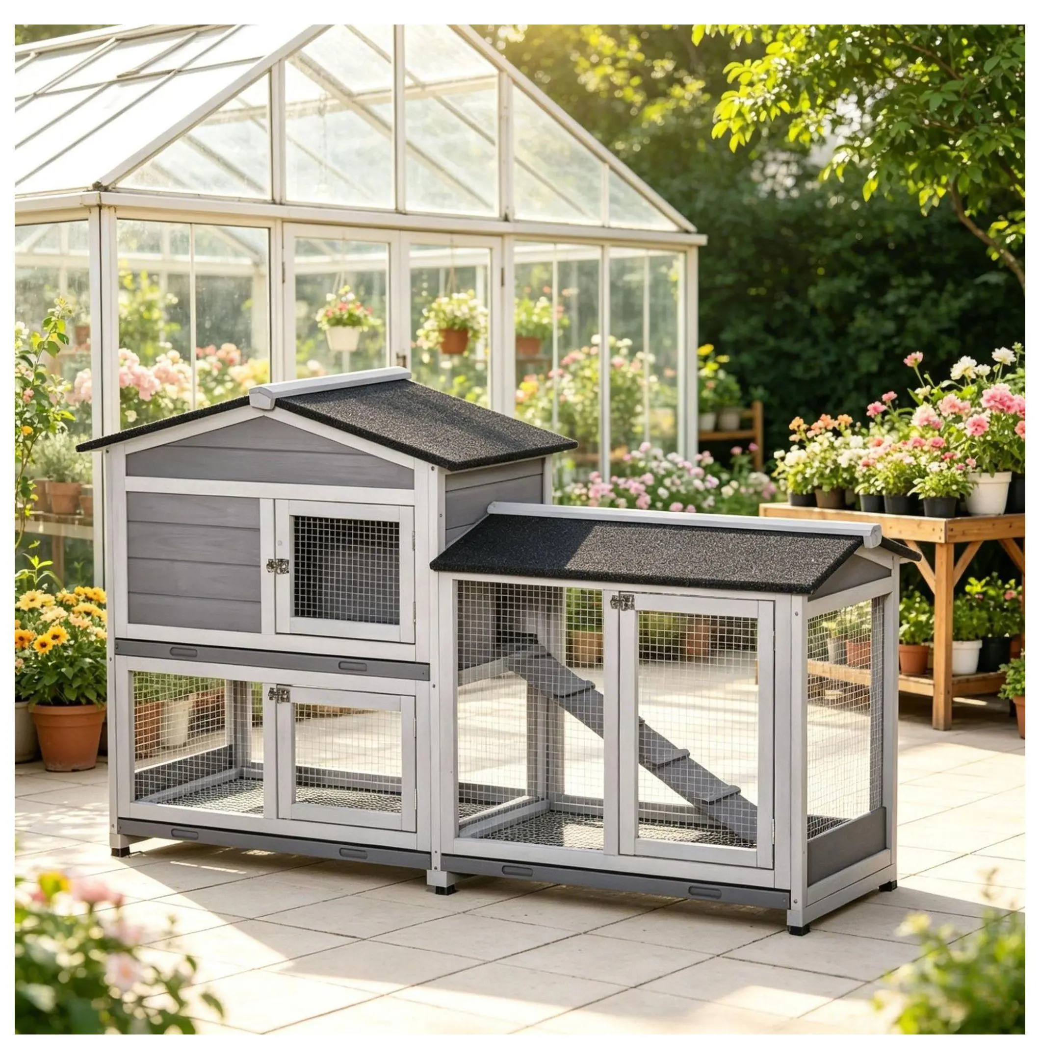 62-Inch Fir Wood Rabbit Hutch - Indoor Outdoor Pet House with Wheels, Steel Run Box, Slide-Out Tray, Ventilation Mesh, 27.5 L x 16.25 W x 12.5 H Dimensions