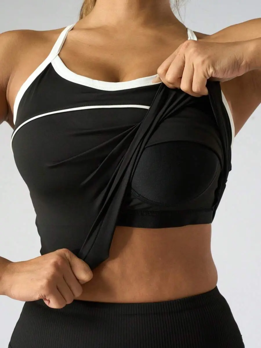 Women's Colorblock Sports Camisole, Built-In Padded Bra, Racerback Design, Supportive Yoga Workout Top Suitable For Fitness, Running Black Summer