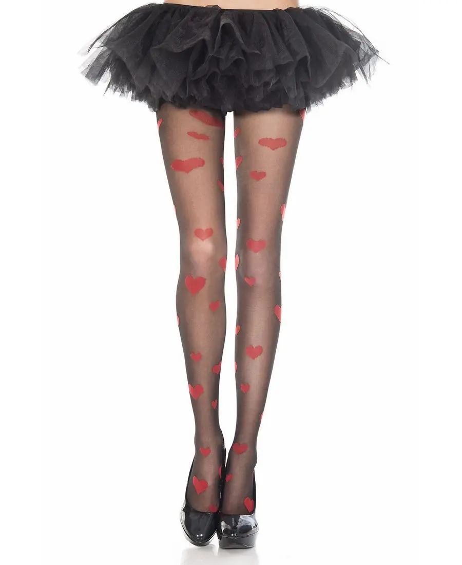 212 MAIN Lady's Soft Comfortable Fit Knit Nylon-Spandex Heart Print Pantyhose with Silky Shorts, Shimmer Fabric, Black-Red Finish, Camouflage Underwear Tights, Sheer