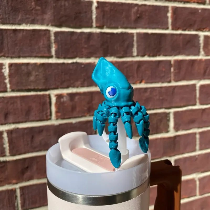 Articulated Squid Cute Straw Toppers and Charms for Stanley Tumbers & 9.5mm Straws with Durable PLA Design - Stylish, Beverage