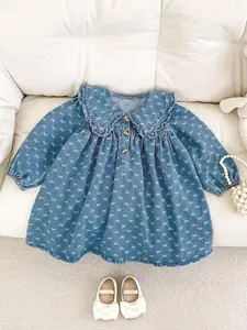 Newborn Baby Girl Dress, Spring Infant Bow Embroidered Skirt, Large Collar Denim One-Piece, Cute Toddler, Floral Printed Dress, Floral Pattern Dress