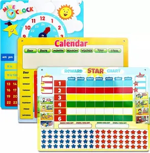 iQ TOYS 3-in-1 Magnetic Learning Charts Set - Bright, Colorful and Interactive Kids Educational Supplies with 198 Magnets for Reward Tracking, Calendar, Creative Daily Tracker, Customizable Independence-Building Tools