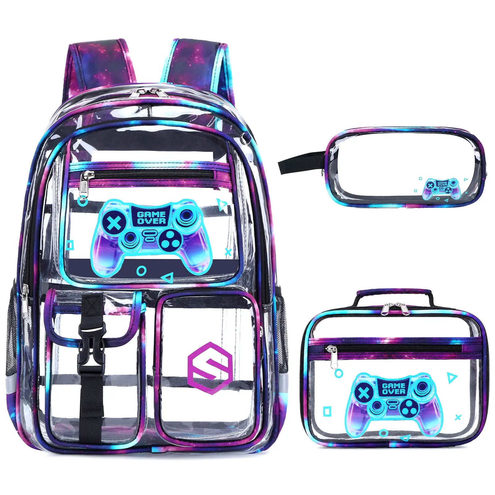 【Clearance】SIMILOVE Heavy-Duty Transparent PVC Galaxy Backpack with Small Bag, Pen Case/Headphones, Padded Shoulder Straps - Halloween School Backpack for Stadiums, Easy Visibility