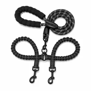 Double Dog Leash for 2 Dogs, No-Tangle 360° Swivel Dual Bungee Coupler, Reflective Rope Dog Leash with Padded Handle for Medium Large Dogs