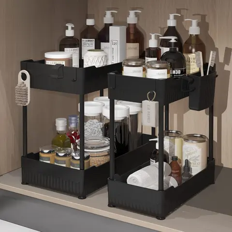 2 Pack Under Sink Organizer, Under Bathroom Cabinet Organizer with Hooks Hanging Cup, Multi-Purpose Storage Shelf for Kitchen Bathroom Racks Hangable