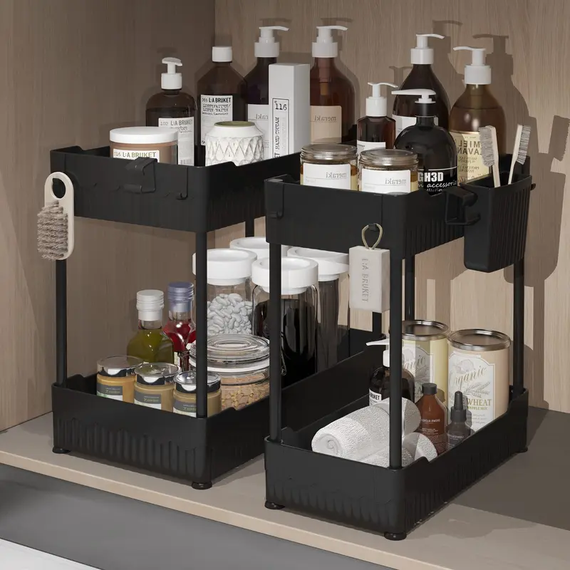 2 Pack Under Sink Organizer, Under Bathroom Cabinet Organizer with Hooks Hanging Cup, Multi-Purpose Storage Shelf for Kitchen Bathroom Racks Hangable