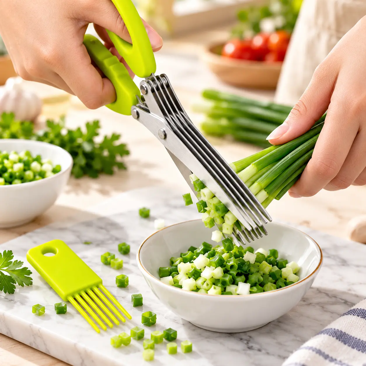 5-Blade Herb Scissors, Stainless Steel Kitchen Shears with Cleaning Comb, Multipurpose Herb Chopper for Green Onions, Chives, Parsley, Lettuce, Seaweed and Paper Shredding, Home Cooking Kitchen Gadget