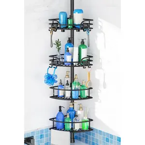 4-Tier Large Capacity Corner Shower Caddy Tension Pole, Rustproof No-Drill Adjustable Bathroom Organizer Shelf with Towel Bar, 47-123 inch Storage Rack for Bathtub Home Renters, Black