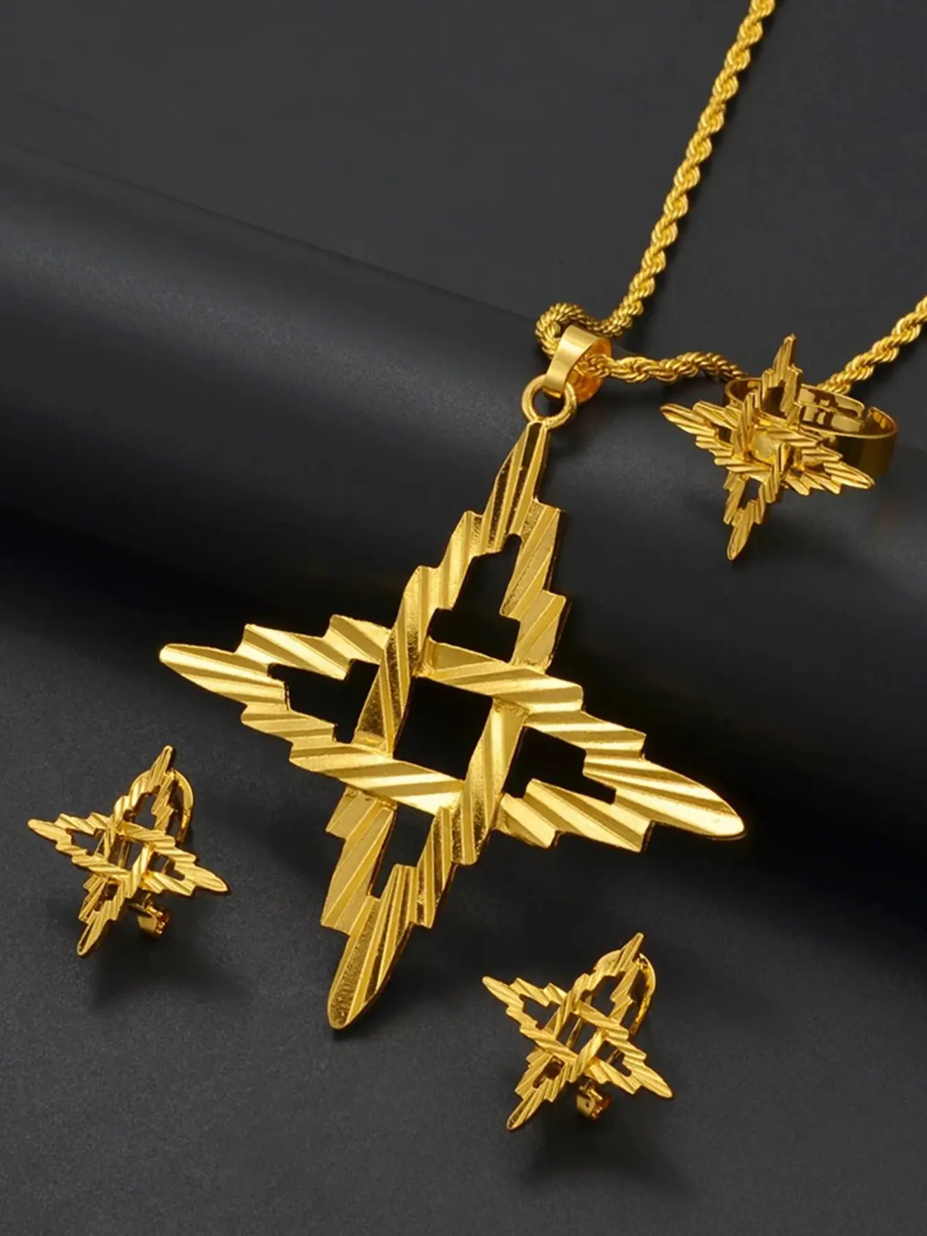 Three-Piece Jewelry Set, Necklace, Earrings, Ring, Cross Pendant, Luxurious Middle Eastern Design, Elegant Bride Gift, All Seasons, Bridal Set, Bridal Jewelry Set For Wedding, Wedding Jewelry Sets For Brides