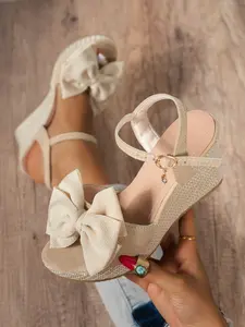 Women's Summer Woven Bowknot Design Wedge Sandals, Large Bowknot Decoration + Buckle Strap, Sweet Youthful Look, Heightening Slimming, Comfortable, Wedge Shoes, Wedge Heels