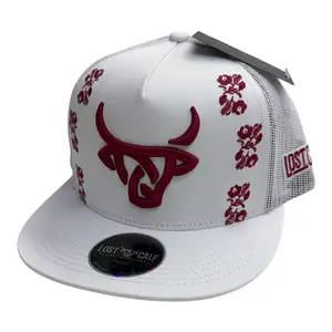 Lost Calf Floral Bull Mesh Cap – White & Burgundy LC1010
