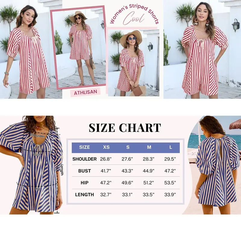 UANEO Womens Striped Romper Casual Loose Puff Sleeve Wide Leg Jumpsuit Overall with Pockets SummerVibes