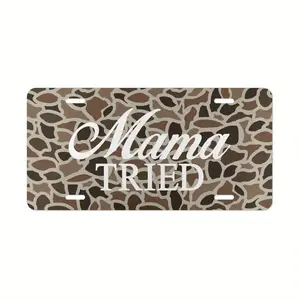 Old School Camo "Mama Tried" Vanity Plate, License Plate, Truck Car Tags, Gifts for Him, Hunting, Aluminum Front License Plate- 6X12- Inch Polished Metal Standard Plate, Easy to Install, Car Trim Accessories, for Decor Only, Made in USA