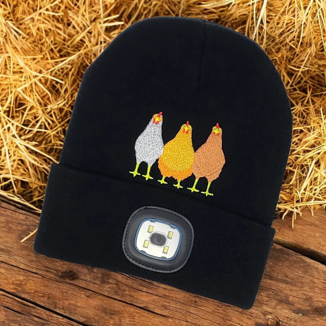 LED Rechargeable Beanie - Embroidered Chickens with Light