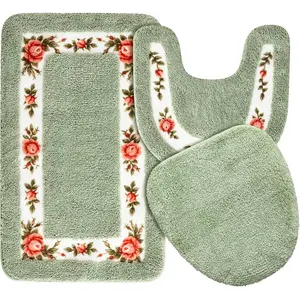 3 Pcs Rose Flowers Rugs Set Coquette Room Floral Bath Mat U Rug Non Slip Absorbent Floral Bath Carpet (Green)