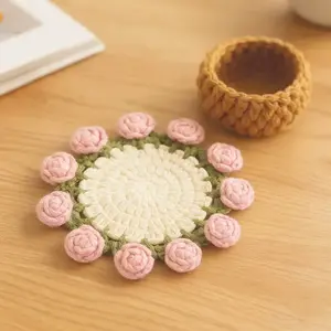 Handmade Crochet Flower Bouquet Coaster, Yarn Knitted Flower Cup Transform Bouquet, Mother's Day Gift, Gift for Mom Grandma, Valentine's Day Decor, Room Decor
