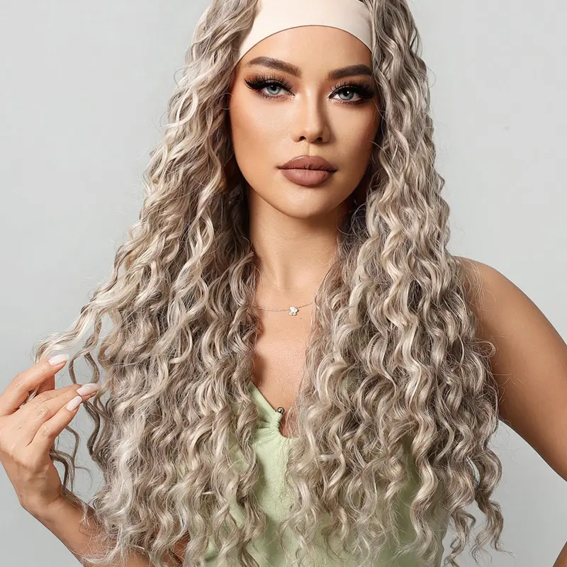 24 Inch Long Curly Wigs for Women, Fashion Fluffy Wigs, Gorgeous Fluffy Wigs with Headband, Synthetic Wigs for Party, Daily Use, Fluffy Wave Wig, Synthetic Wavy Wig, Synthetic Fiber Wig, Synthetic Hair Wigs