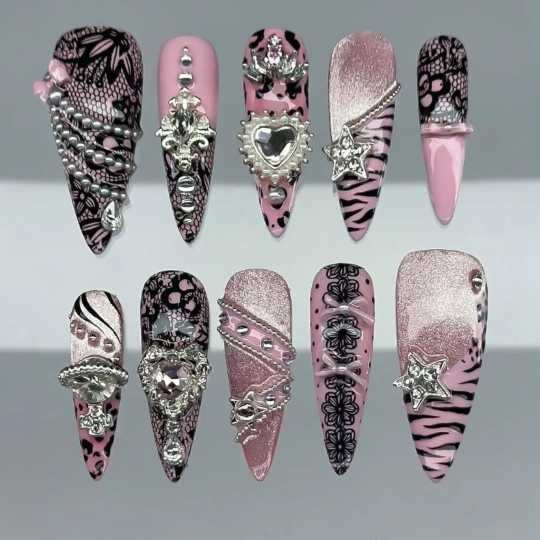 Y2K Glam Press-On Nails, Pink Leopard Lace Design, Silver Crystal Heart Charms, Zebra Stripe Accent, Rhinestone Luxury Handmade Stiletto Nails