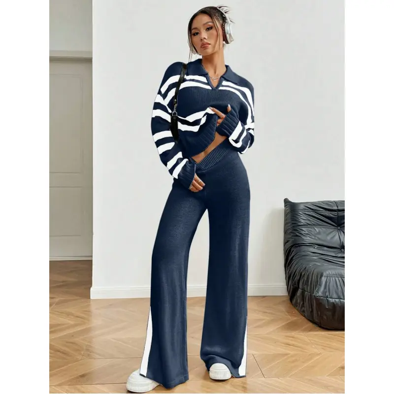 Elegant Navy Blue Striped Collared V-Neck Sweater & Wide Leg Pants Set Loose Fit All Seasons Casual Home Wear