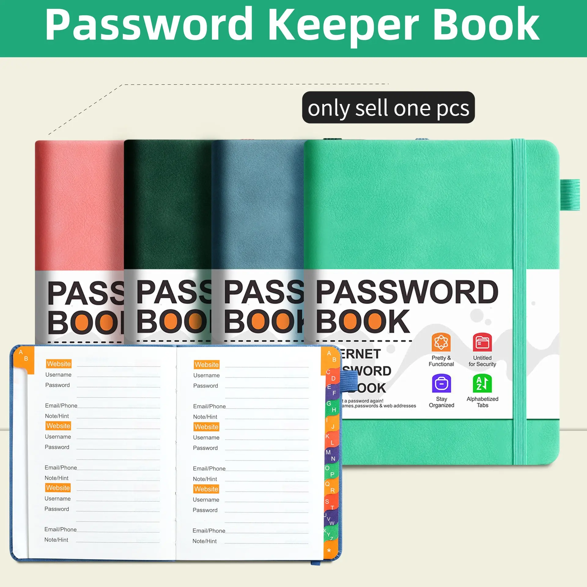 1 pcs Password notebook, Password Journal, password administrator notebook, 7 colors, 120 pages of A-Z letter index labels, pen slot, perfect office essentials and gifts