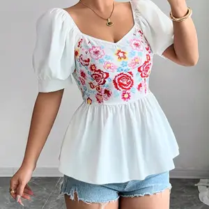 Elenzga Women's Summer Short Sleeve Embroidery Regular Shirt