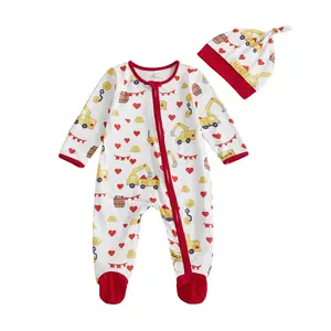 My First Valentines Day Baby Boy Girl Footed Romper Jumpsuit Long Sleeve Zipper Construction Truck Heart Print Onesie Bodysuit Outfit