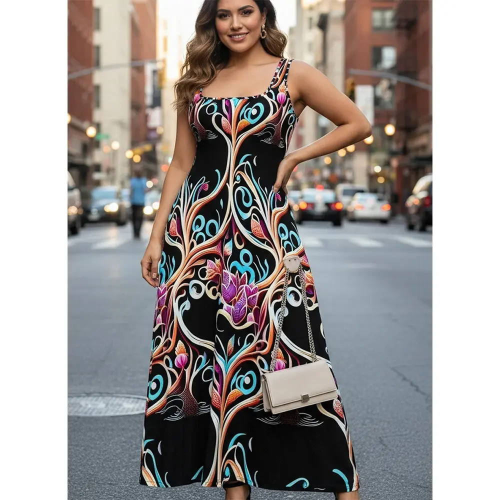 Women’s Plus Size Boho Maxi Dress - Ethnic Pattern, Backless Scoop Neck, Sleeveless A-Line, Flowy Lightweight Breathable Fabric, Elegance Chic Casual Wear, Curvy Dresses for Summer Beach Vacation Holiday Travel