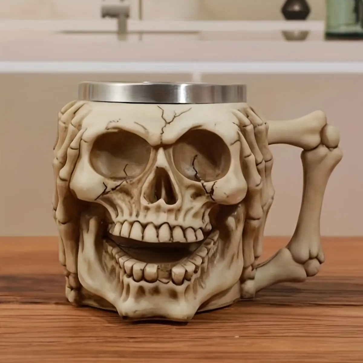 Premium 3D Skull Coffee Mug, High-Quality Resin "See Hear Speak No Evil" Skeleton Beer Cup with Stainless Steel Liner, Dark Aesthetic Room Desk Decor, Exquisite Spooky Halloween Gift for Goth Lovers, Cup Drinkware
