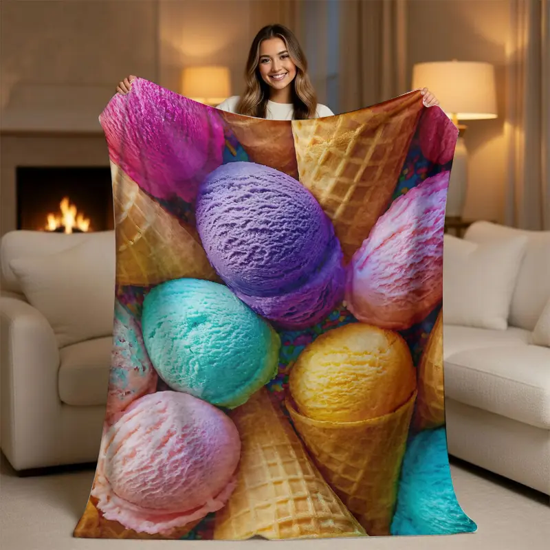 Dopamine Decor Ice Cream Graphic Print Blanket - Vibrant Custom Graphic Throw, Rainbow Color Soft Summer Vibe Linens, Cute Room Decor Gift (Textiles & Soft Furnishings), Custom Graphic Blankets, Graphic Print Blankets