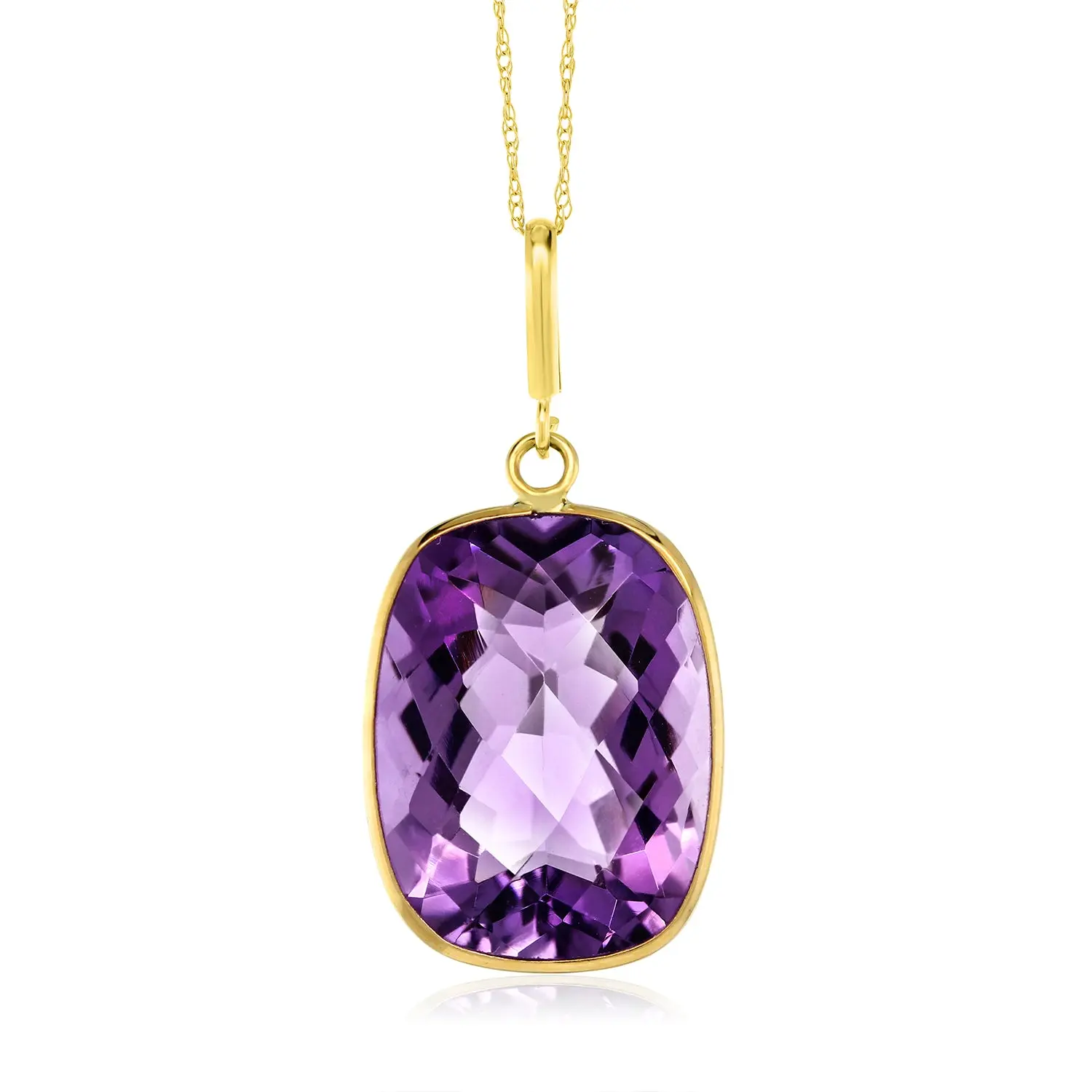 9.00 Cttw 14K Yellow Gold Purple Amethyst Pendant Necklace For Women | Gemstone Birthstone | Cushion Checkerboard 16X12MM | With 18 Inch Solid 14k Gold Chain