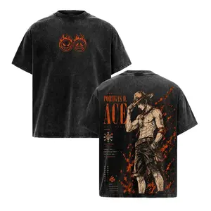 One Piece Portgas D. Ace Oversized Shirt Vintage Washed Heavyweight Cotton Double Printed Graphic Tee Fire Fist Anime Streetwear Gym Pump Cover Short Sleeve Crewneck Tops Unisex Gift For Manga Fans Men Women Merch Clothes Trendy Summer Fashion Apparel Top