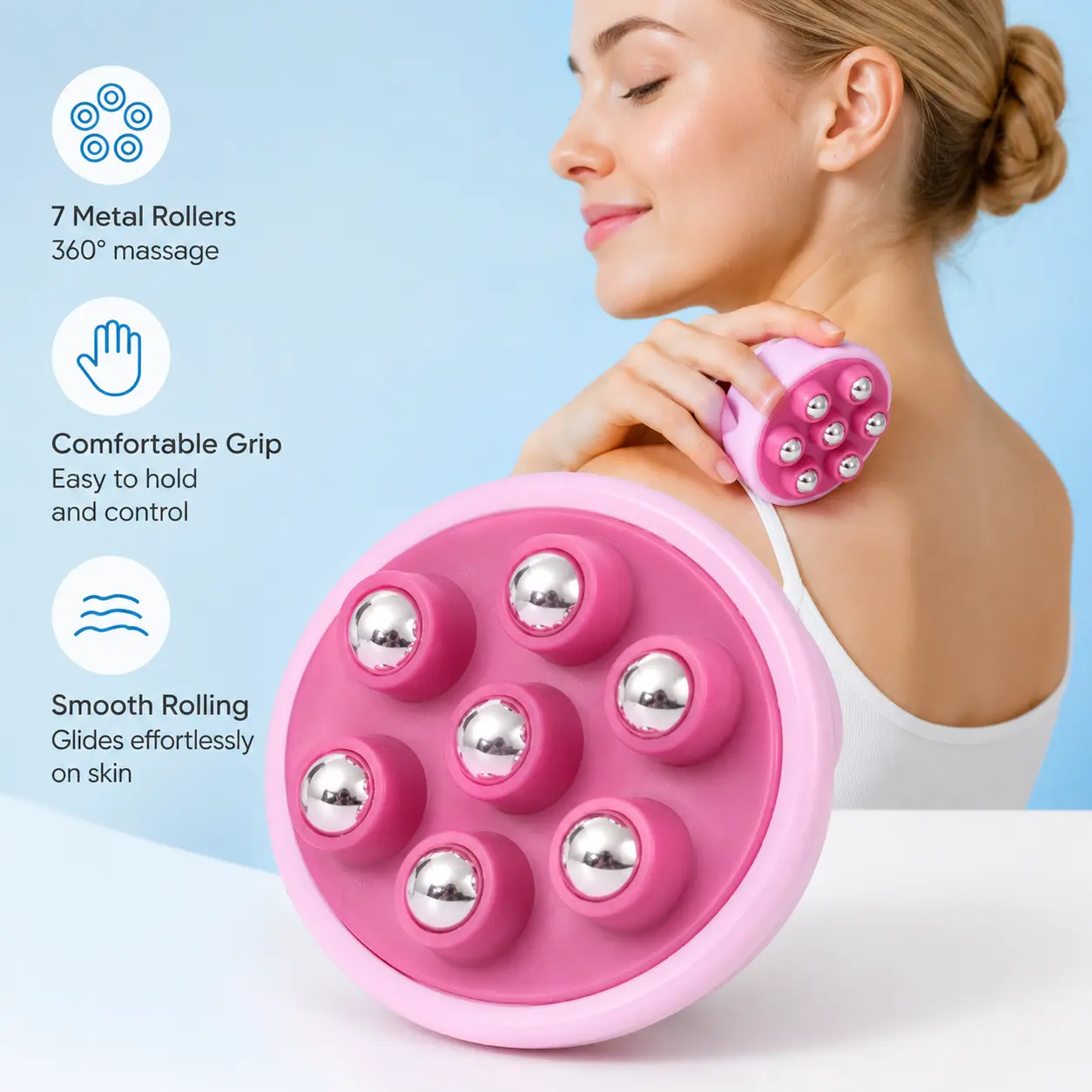 Unisex Handheld Roller Massager with 7 Steel Rolling Beads, Smooth Rolling, Ergonomic Handle, Compact Grip for Neck-Shoulder Muscle Relief, Home/Party Gift (1 Count)