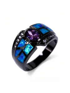 Unisex Geometric Opal Ring,Purple & Blue Fire Opal Statement Piece,Trendy Punk Style Jewelry for Men & Women,Ideal for Couples