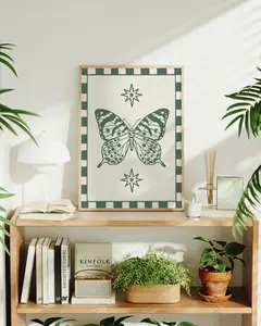 Steph Marie Art Handmade Checkered Butterfly Art Print with Green Beige Checkered Border & Star Design