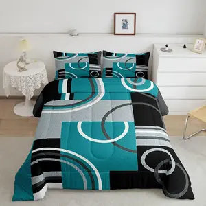 Modern Turquoise Decor Comforter,Geometric Circles Gird Bedding Set,Black Grey Comforter,Stripe Swirls Duvet Set,Graphic Texture Quilted Comforter