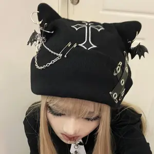Women’s Gothic Cat Ear Beanie – Punk Chain & Bat Charm, Y2K Grunge Winter Cap, Adjustable & Machine Washable, Black Streetwear Accessory