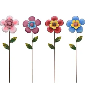 4Pcs Metal Flower Garden Stakes, 16" H Rustic Flowers Yard Stake Decorative Spring Outdoor Garden Decor Planter Flower Pot Metal Flower Stick for Patio,Lawn,Yard,Pathway (Flower)