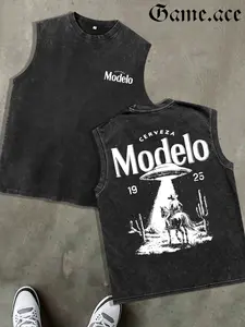1 PCS GAME.ACE Retro Washed Black Sleeveless Tank Top, Front & Back "Modelo Cerveza" Cowboy & UFO Graphic, Western Sci-Fi Streetwear Style, 100% Cotton Unisex Oversized Vest, Casual & Concert Wear, Great Gift for Beer & Sci-Fi Fans