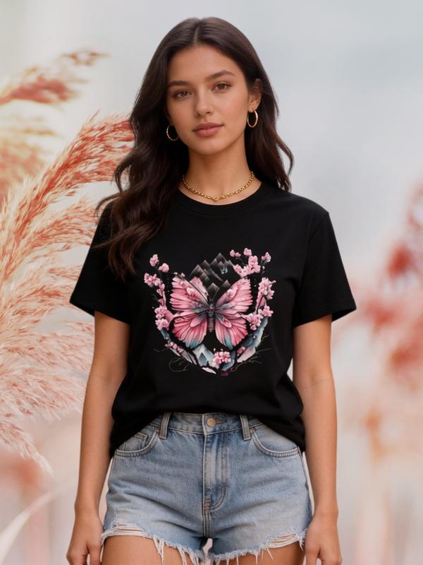 Women's Classic Fashion Pure Cotton Cap Sleeve Fitted Vintage Lightweight Backless Blush Pink Butterfly Crystal T-Shirt - Grunge Cute Graphic Casual Streetwear Top, Free Gift, Ideal for Valentine's Day, All Sizes A Type, Do Not Bleach Sohochic