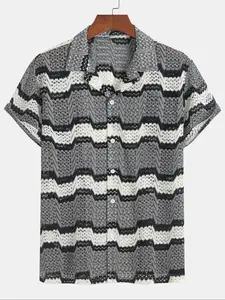 Men's Summer Cuban Collar Striped Short Sleeve Shirt, Lightweight Breathable Fabric, Loose Casual Fit, Perfect for Vacation & Outdoor Activities, Tropical, Casual Loose Top, Casual Outings Shirt